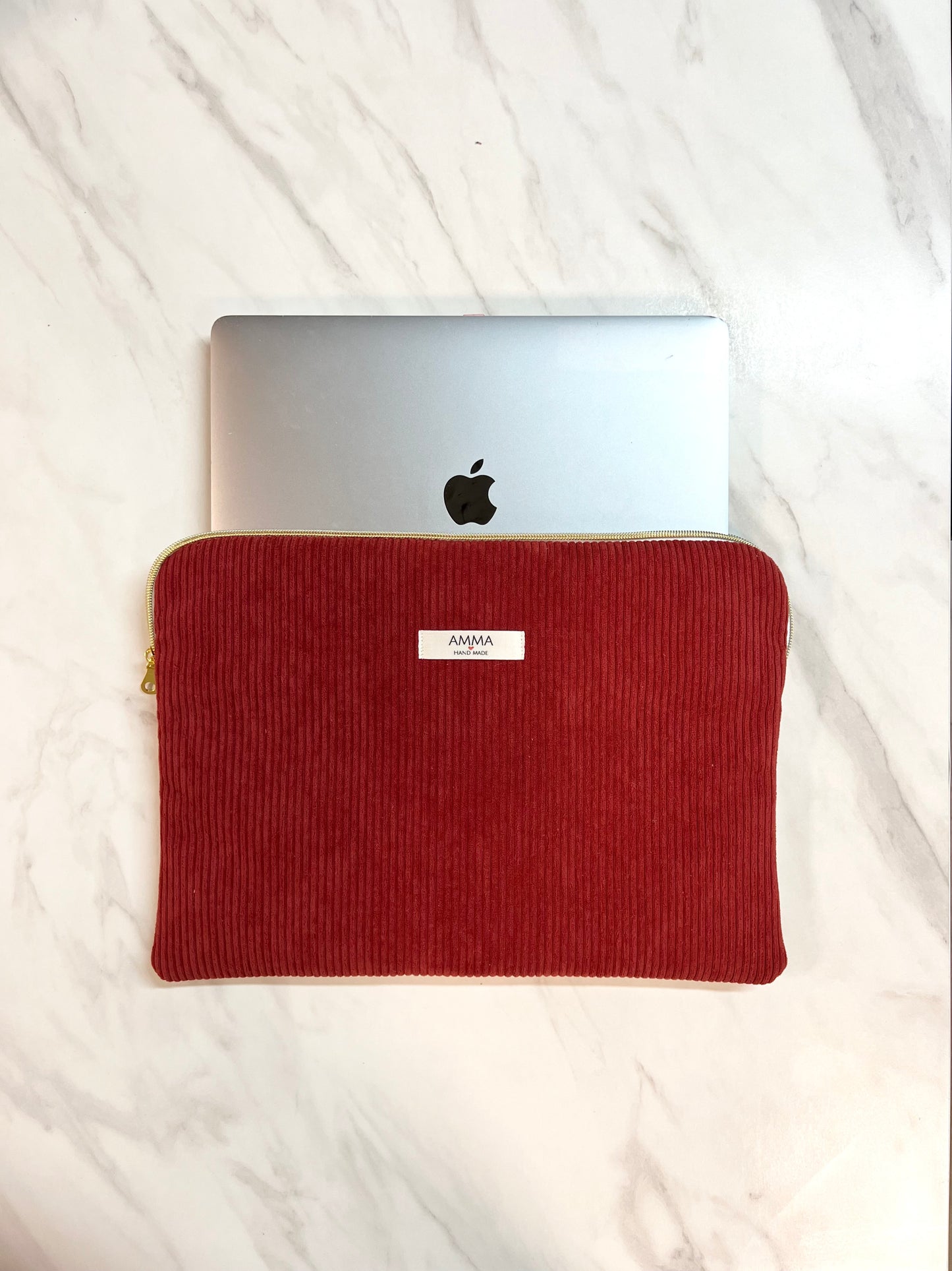 Red corduroy and toile de jouy computer cover