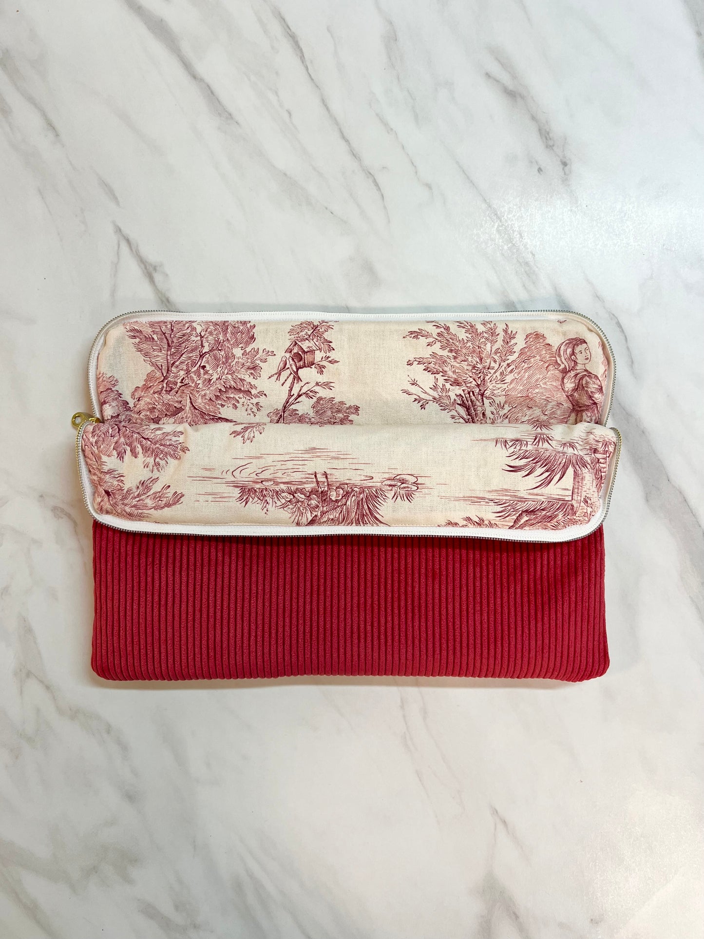 Red corduroy and toile de jouy computer cover