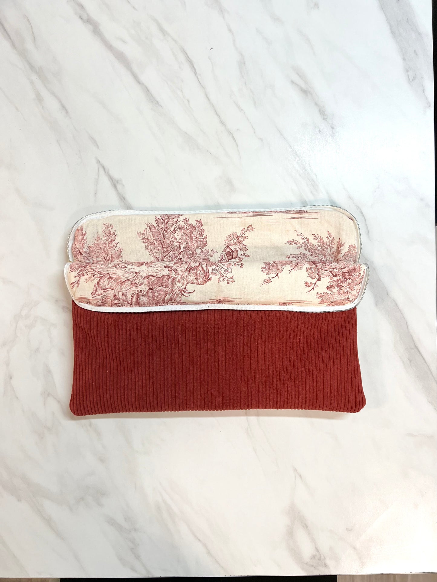 Red corduroy and toile de jouy computer cover