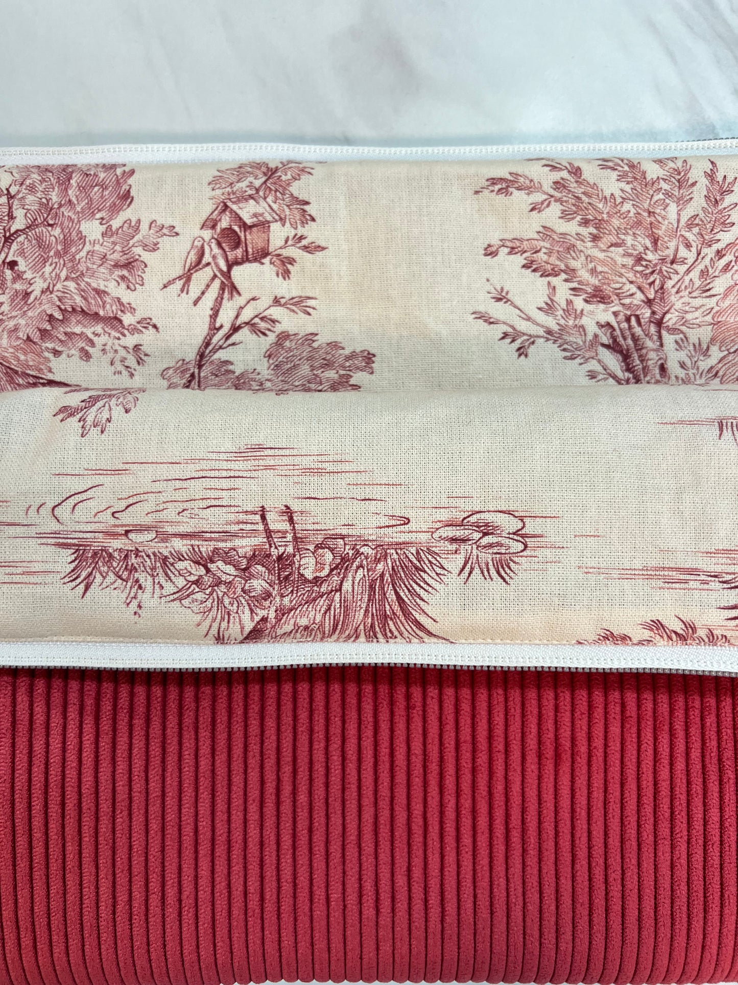 Red corduroy and toile de jouy computer cover