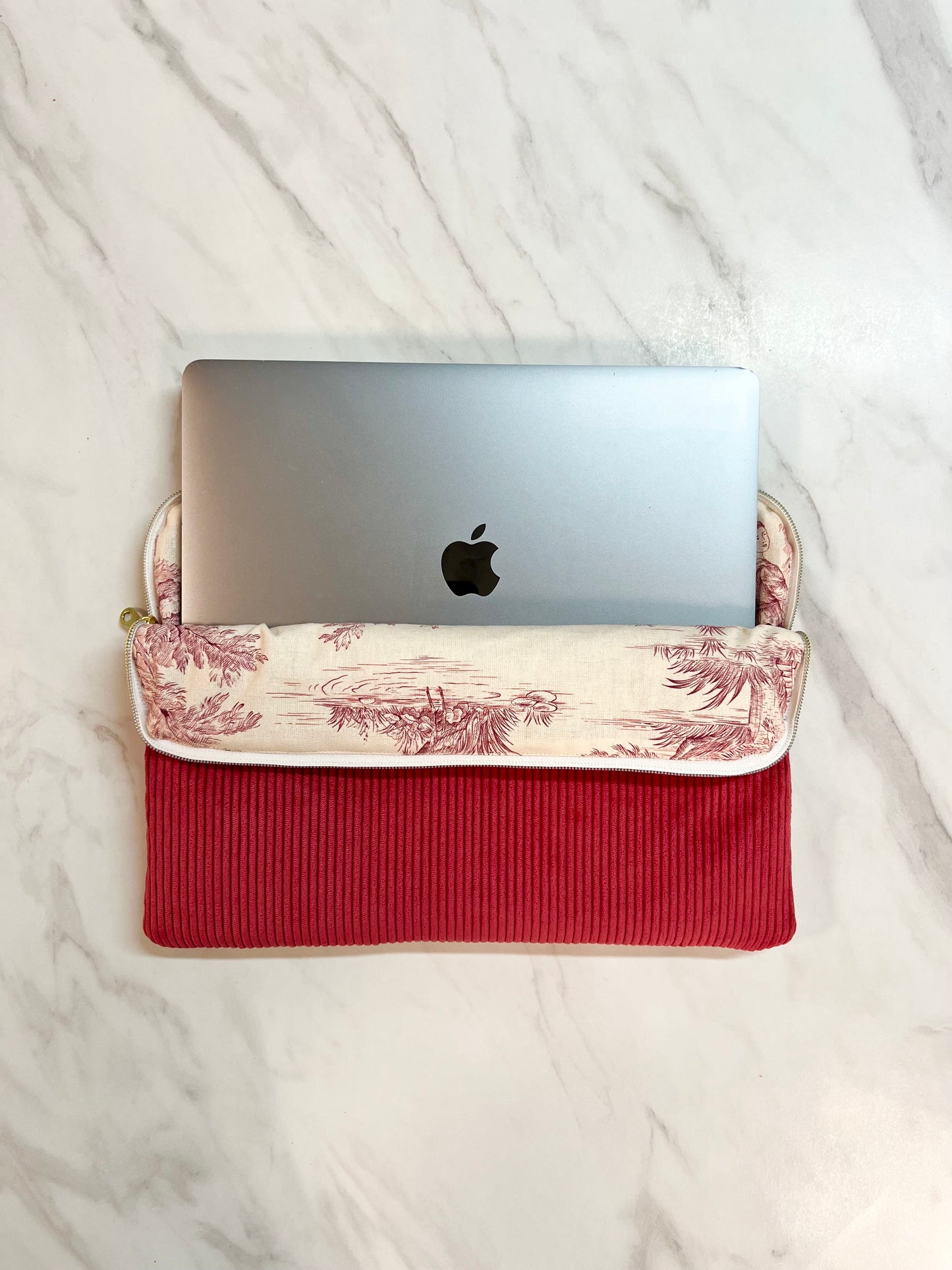 Red corduroy and toile de jouy computer cover