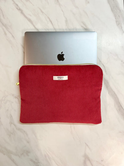 Red corduroy and toile de jouy computer cover