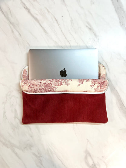 Red corduroy and toile de jouy computer cover