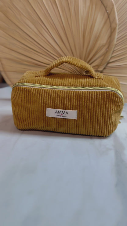 Mustard corduroy toiletry and makeup bag - Flat opening