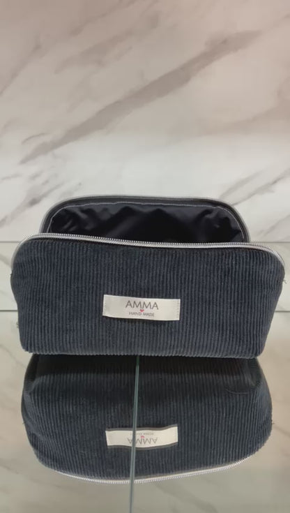 Black corduroy toiletry and makeup bag - Flat opening for easy storage