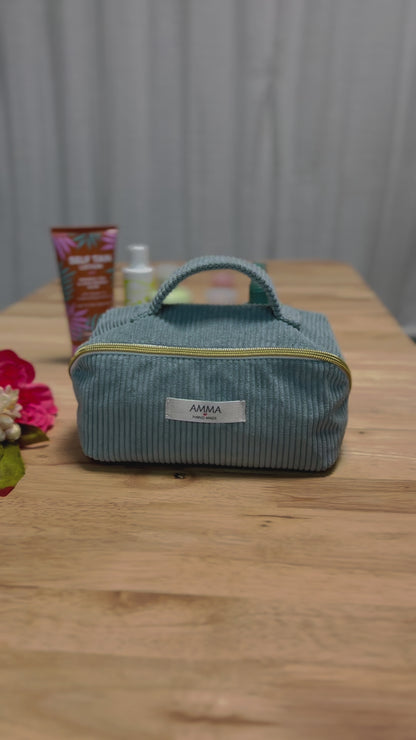 Corduroy toiletry and makeup bag - Sky Blue - Flat opening